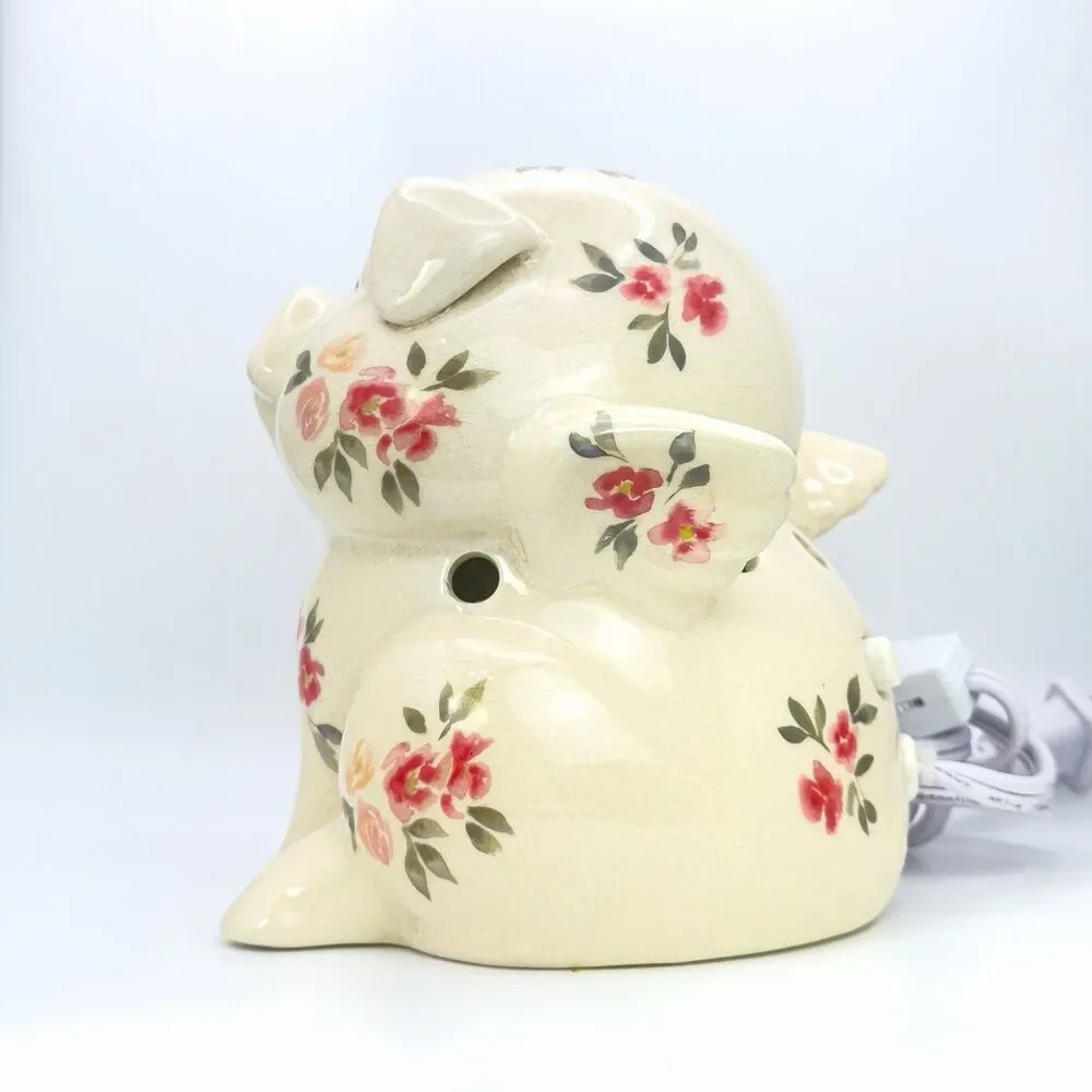 VTG. FLYING ANGEL PIG NIGHT LIGHT RED&PINK FLORAL CRACKLED FINISH WORKS GREAT.